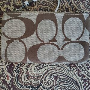 Coach Signature Logo Wristlet Brown Beige White Strap Designer Clutch Purse